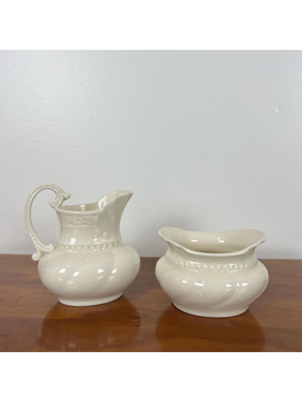 Lenox Ivory Creamer Sugar Bowl Set Gold Stamp Vintage Cottage Core Decor
